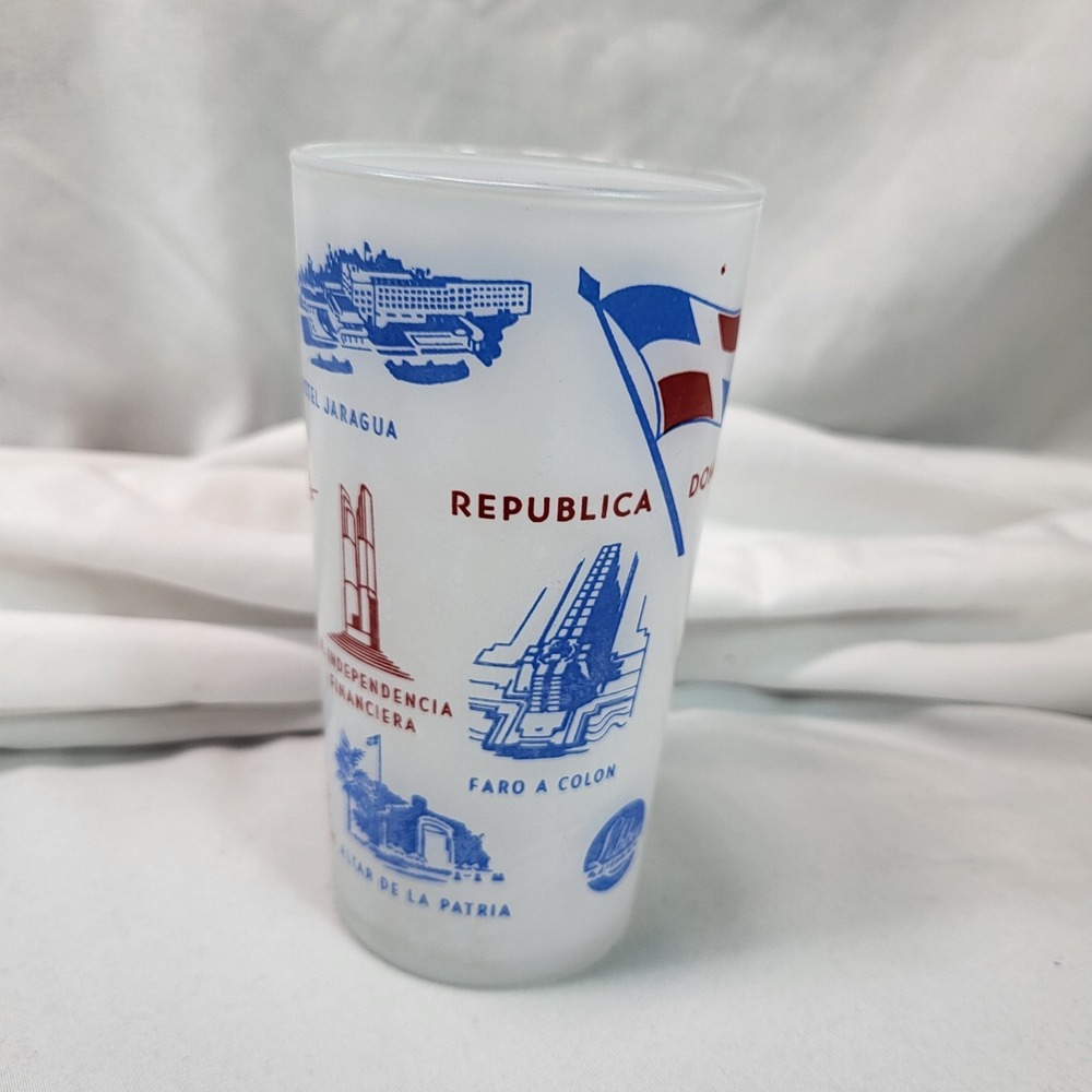 Vintage Libbey Dominican Republic Souvenir Frosted‎ Glass Red Blue Print 5 Inch